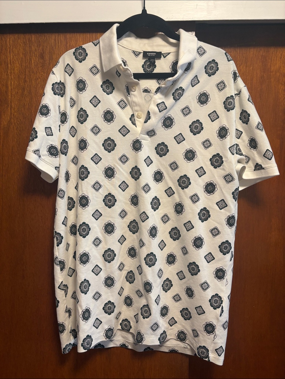 Express White Polo with Navy Medallion Print